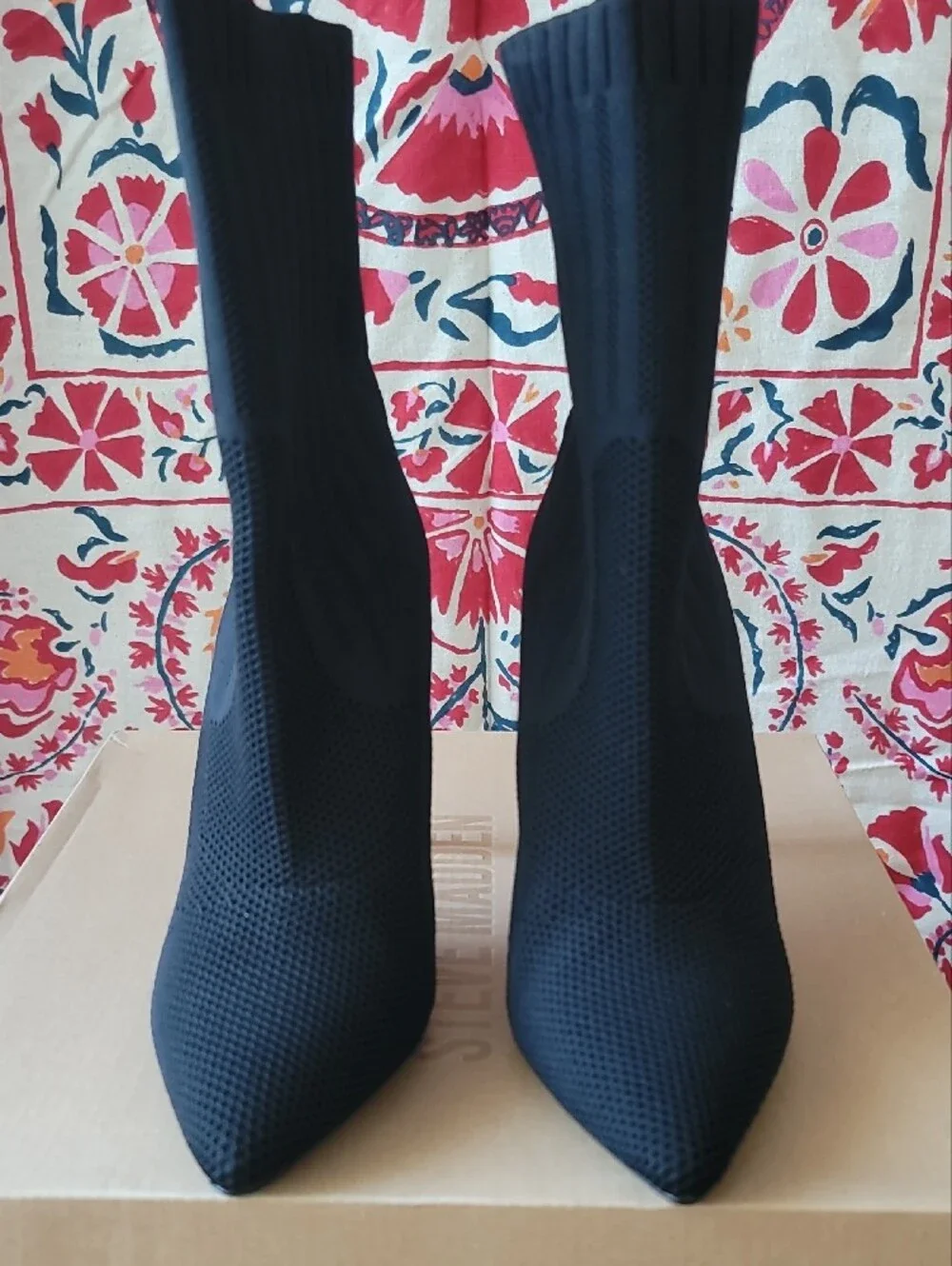 Steve Madden Discreet Black Pointed Knit Stiletto Boots